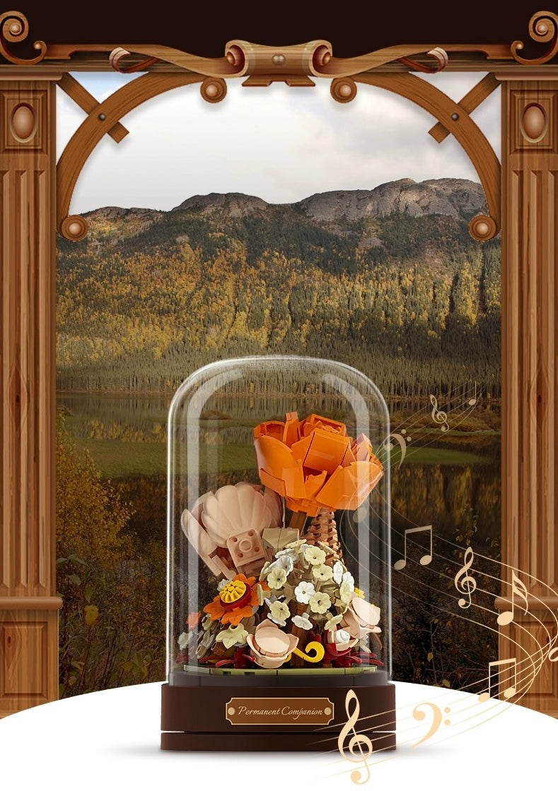 Mini Block Building Block Romantic Flower Music Box | Blue Rose Autumn Flower - DIY Valentine Wedding Handmade Gift