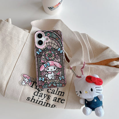 Japanese Cartoon Sanrio iPhone Case with Strap | Laser Glass Window Hello Kitty My Melody Kuromi Cinnamoroll - iPhone Case 7 8 PLUS SE2 XS XR X 11 12 13 14 15 Pro Promax 12mini 13mini