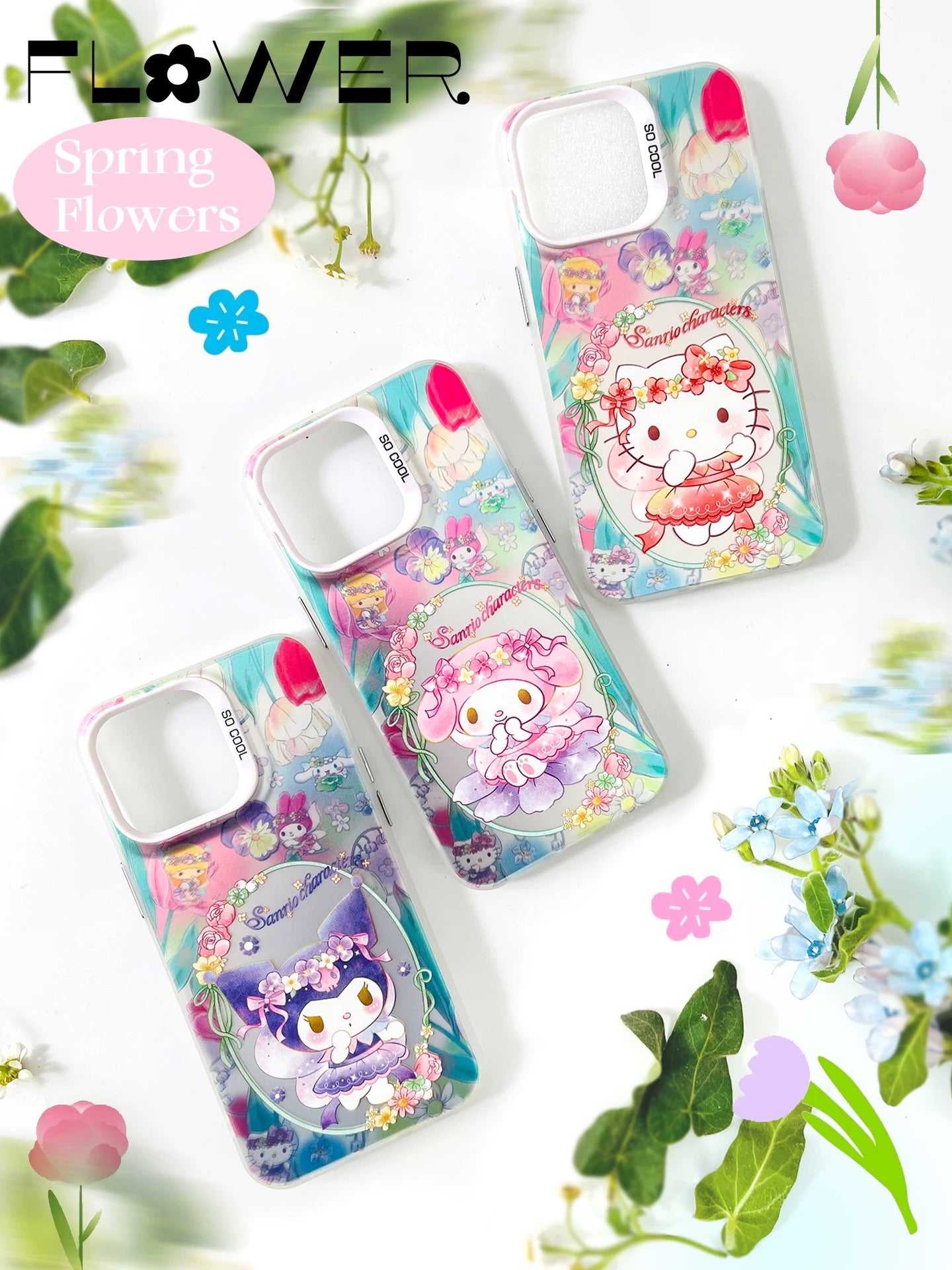 Japanese Cartoon Sanrio Spring Flower Fairy | Hello Kitty My Melody Kuromi Cinnamoroll Pompompurin Hangyodon Laser Silver - iPhone Case 11 12 13 14 15 16 16e Pro Promax - KawaiiGiftLand