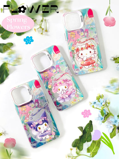 Japanese Cartoon Sanrio Spring Flower Fairy | Hello Kitty My Melody Kuromi Cinnamoroll Pompompurin Hangyodon Laser Silver - iPhone Case 11 12 13 14 15 16 16e Pro Promax - KawaiiGiftLand
