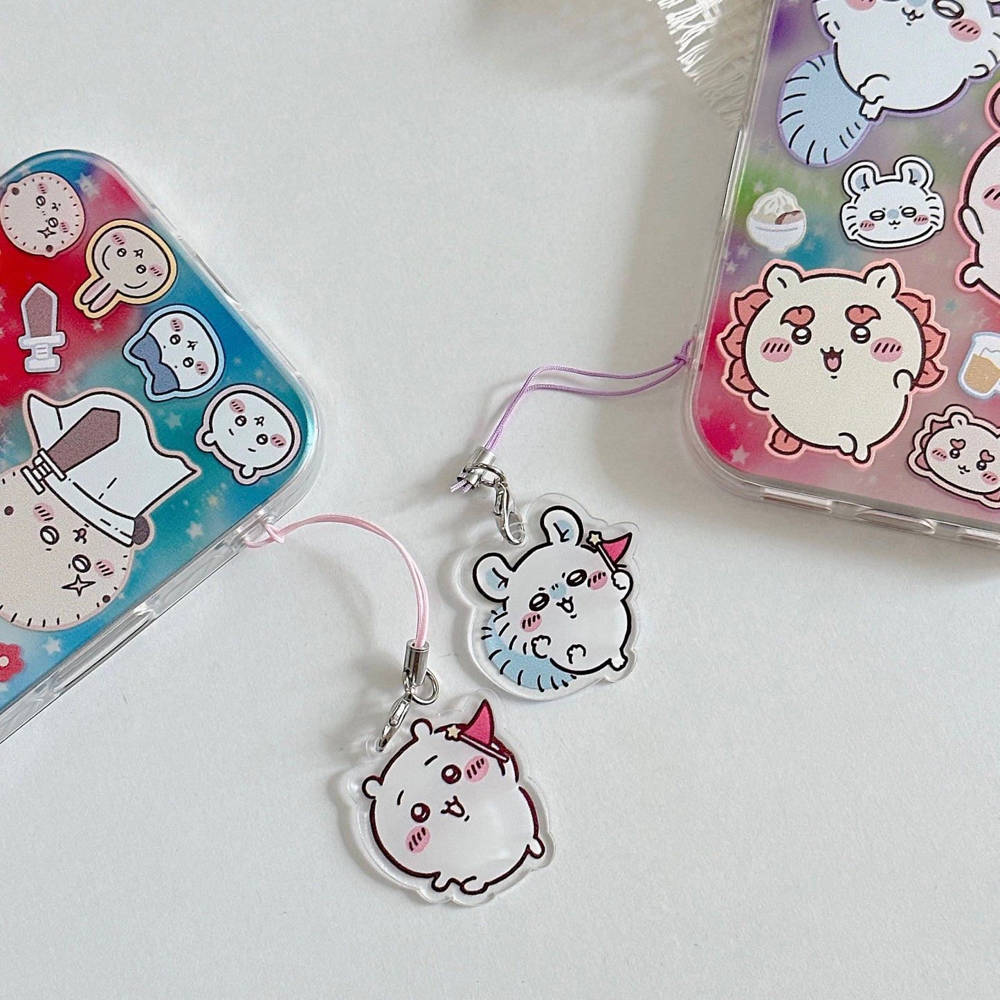 Japanese Cartoon ChiiKawa Laser Phone Case with Strap | Rainbow Galaxy with ChiiKawa Hachiware Usagi Momonga Rakko Kurimanju Shisa Furuhonya - iPhone Case PLUS SE2 11 12 13 14 15 16 16e 17 17e Pro Promax 12mini 13mini