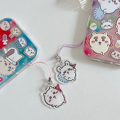 Japanese Cartoon ChiiKawa Laser Phone Case with Strap | Rainbow Galaxy with ChiiKawa Hachiware Usagi Momonga Rakko Kurimanju Shisa Furuhonya - iPhone Case PLUS SE2 11 12 13 14 15 16 16e 17 17e Pro Promax 12mini 13mini