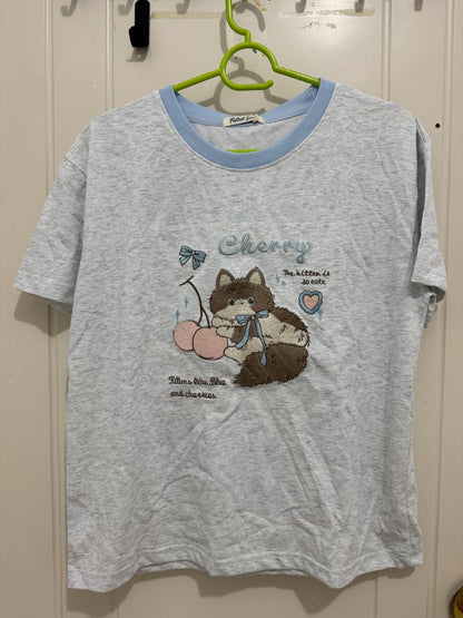 Korean Fashion Cute Animals Style T-Shirt Series | Embroidery Cherry Cat - Kawaii Fashion Items