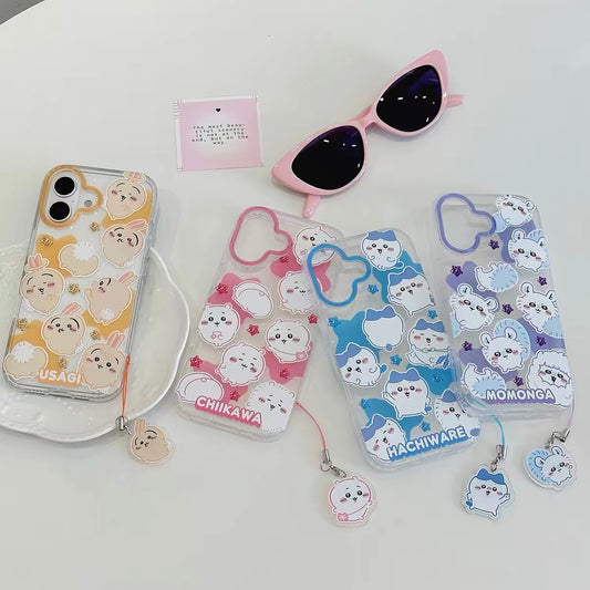 Japanese Cartoon ChiiKawa Gittler Colour Clear Case with Phone Strap | Full Emo Chiikawa Hachiware Usagi Momonga - Phone Case Samsung Galaxy S26 S25 S24 S23 S22 S21 FE Ultra Edge