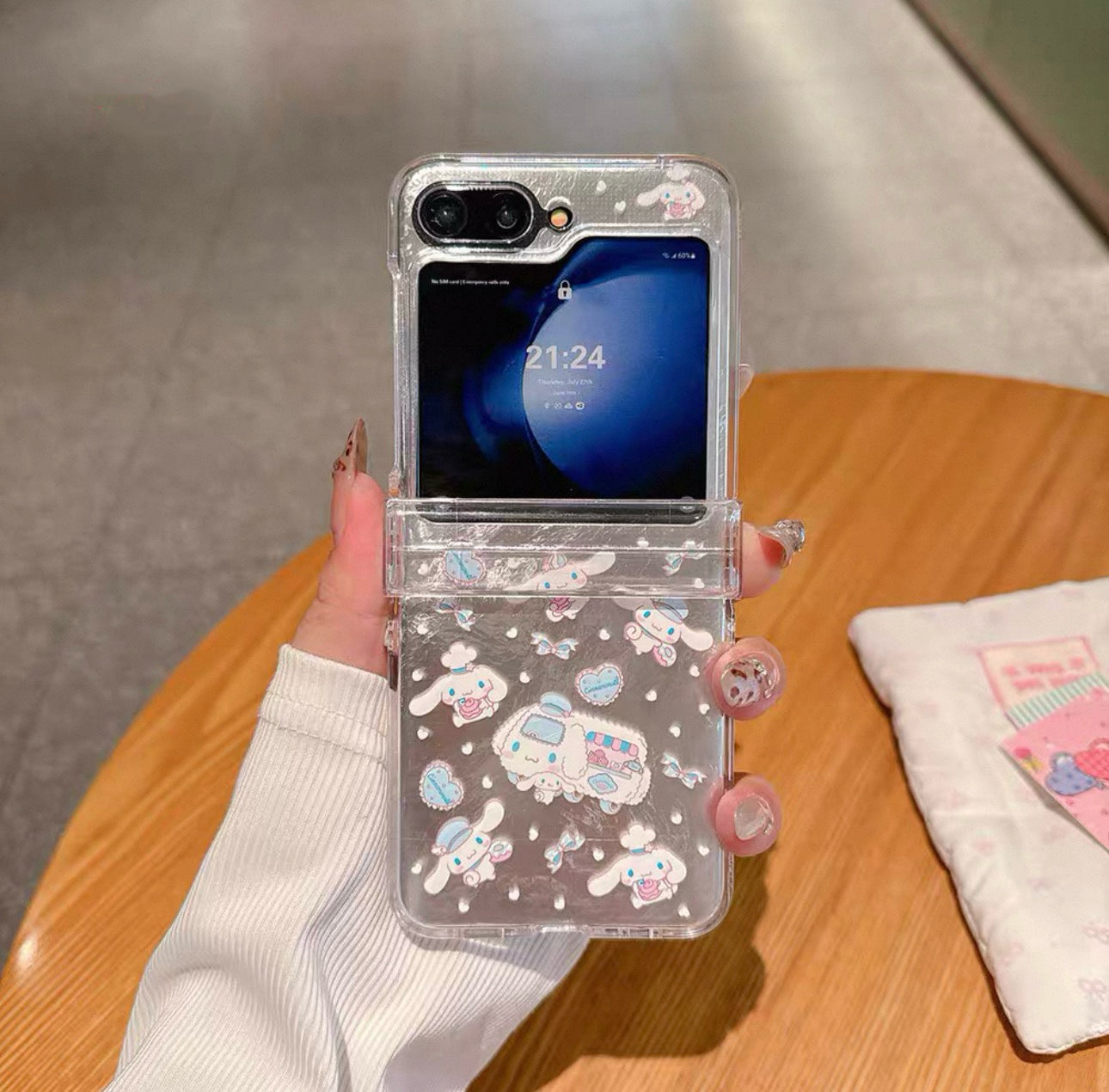 Cute Cartoon Case with Phone Strap | Full of Cinnamoroll Laser Bus Cafe & Sticker - Phone Case Samsung Galaxy Z Flip 3 4 5 6 7
