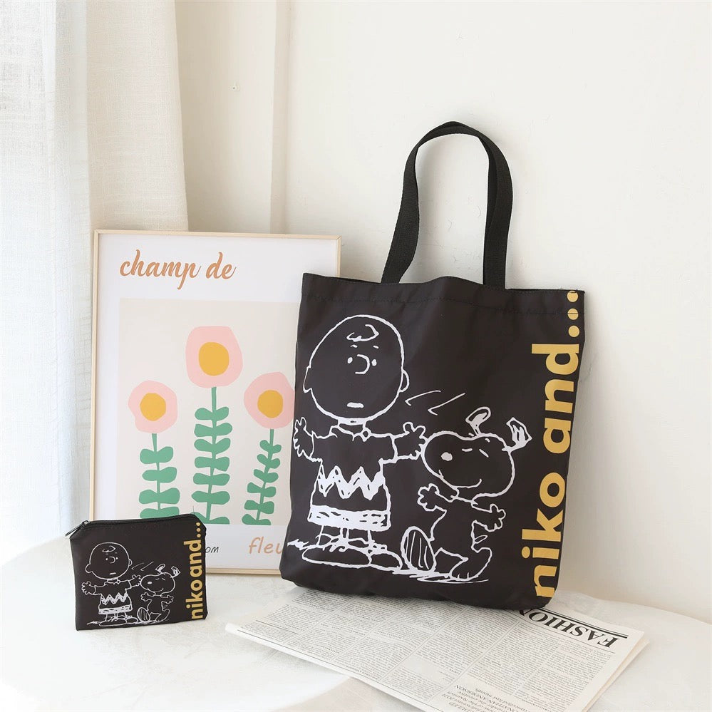 Cartoon Design Cute White Dog and Friends Fold Up Tote Bag | Orange Black Grey Blue Dog House - Kawaii Little Bag