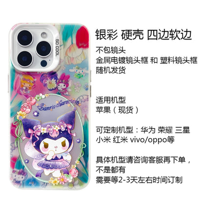 Japanese Cartoon Sanrio Spring Flower Fairy | Hello Kitty My Melody Kuromi Cinnamoroll Pompompurin Hangyodon Laser Silver - iPhone Case 11 12 13 14 15 16 16e Pro Promax - KawaiiGiftLand
