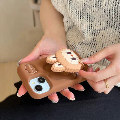 Cute Cartoon Labubu Zimomo Silicone with Stand | Brown Pink - iPhone Case 7 8 6 XR XS X 11 12 13 14 15 Pro Plus Promax