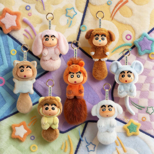 Crayon Shin-chan Big Tails Series 2 plush charms displayed on a colourful play mat