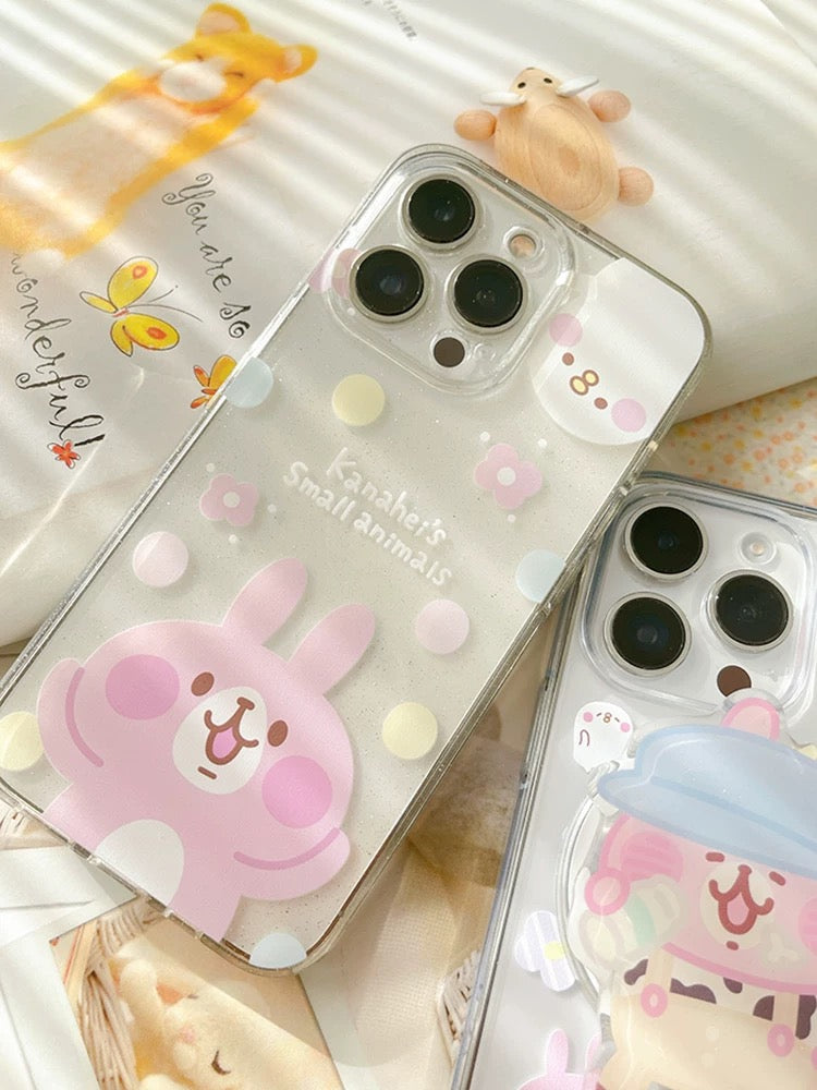 Japanese Cartoon Kanahei |  Dots & Flowers Pink Rabbit and White Chicken - iPhone Case 13 14 15 Pro Promax