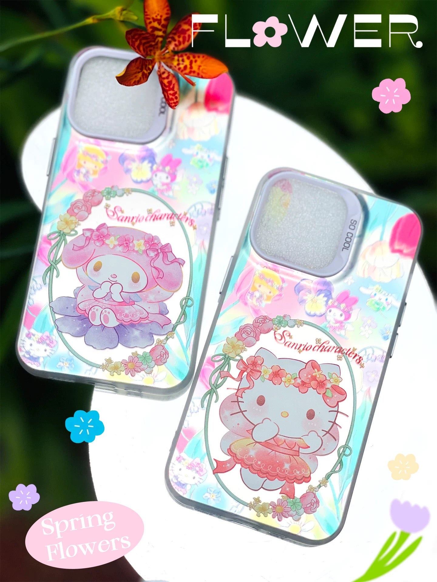 Japanese Cartoon Sanrio Spring Flower Fairy | Hello Kitty My Melody Kuromi Cinnamoroll Pompompurin Hangyodon Laser Silver - iPhone Case 11 12 13 14 15 16 16e Pro Promax - KawaiiGiftLand
