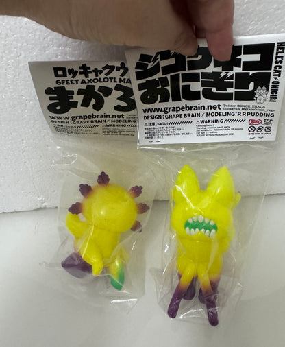 Japan Artist GRAPE BRAIN | Hell's Cat & Macaroni Neon Yellow & Purple TTE 2025 Version - Sofubi Figure Soft Vinyl Rare