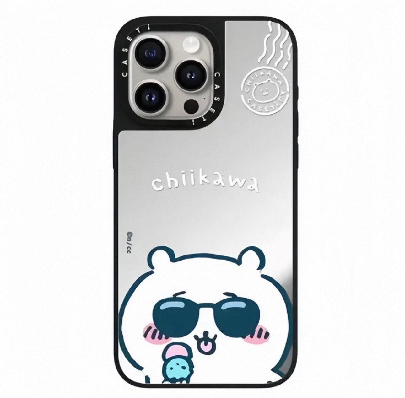 Japanese Cartoon ChiiKawa Mirror Phone Case | ChiiKawa Hachiware Usagi Wear Sunglass and Eating Icecream Silver - iPhone Case 11 12 13 14 15 16 17 Pro Promax