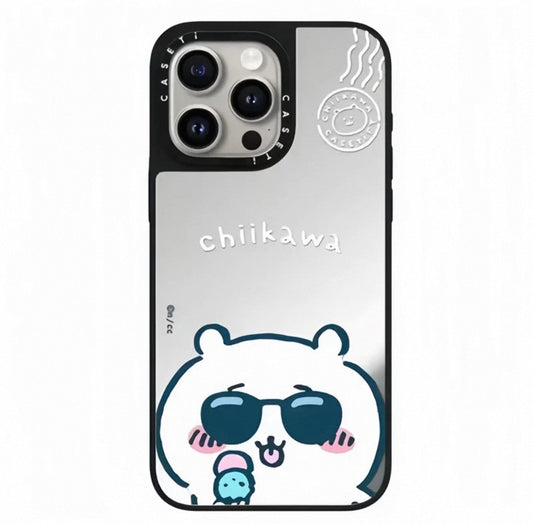 Japanese Cartoon ChiiKawa Mirror Phone Case | ChiiKawa Hachiware Usagi Wear Sunglass and Eating Icecream Silver - iPhone Case 11 12 13 14 15 16 17 Pro Promax