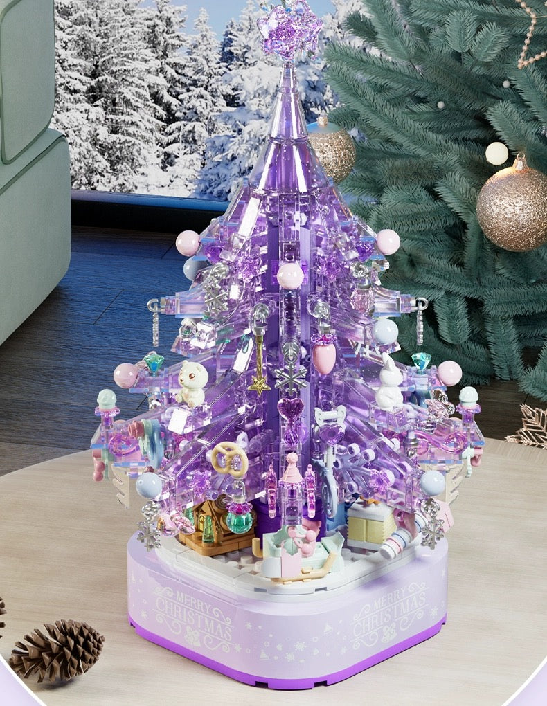 Mini Block Building Crystal Christmas Tree Music Box | Purple - DIY Handmade Xmas Gift