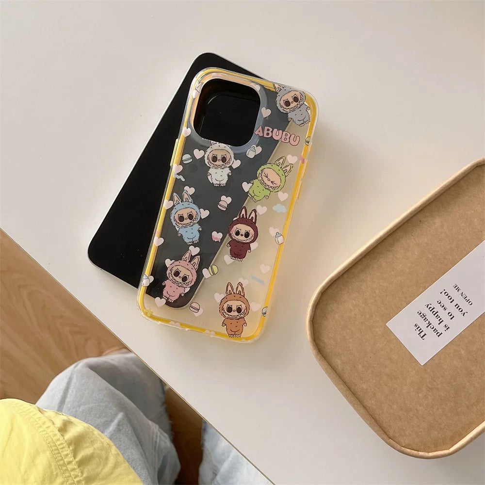 Cute Cartoon Labubu Zimomo with Macarons Yellow Line - iPhone Case 13 14 15 Pro Promax