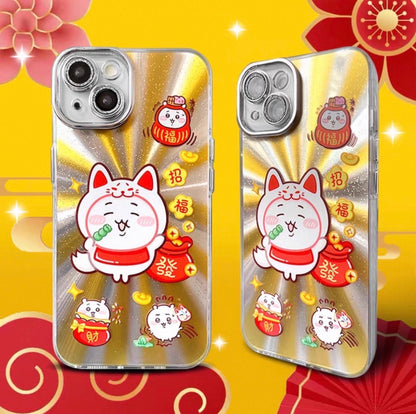 Japanese Cartoon ChiiKawa Folklore Kitsune Gold Laser Case | ChiiKawa Hachiware Usagi Momonga - iPhone Case 11 12 13 14 15 16 16e 17 17e Pro Promax