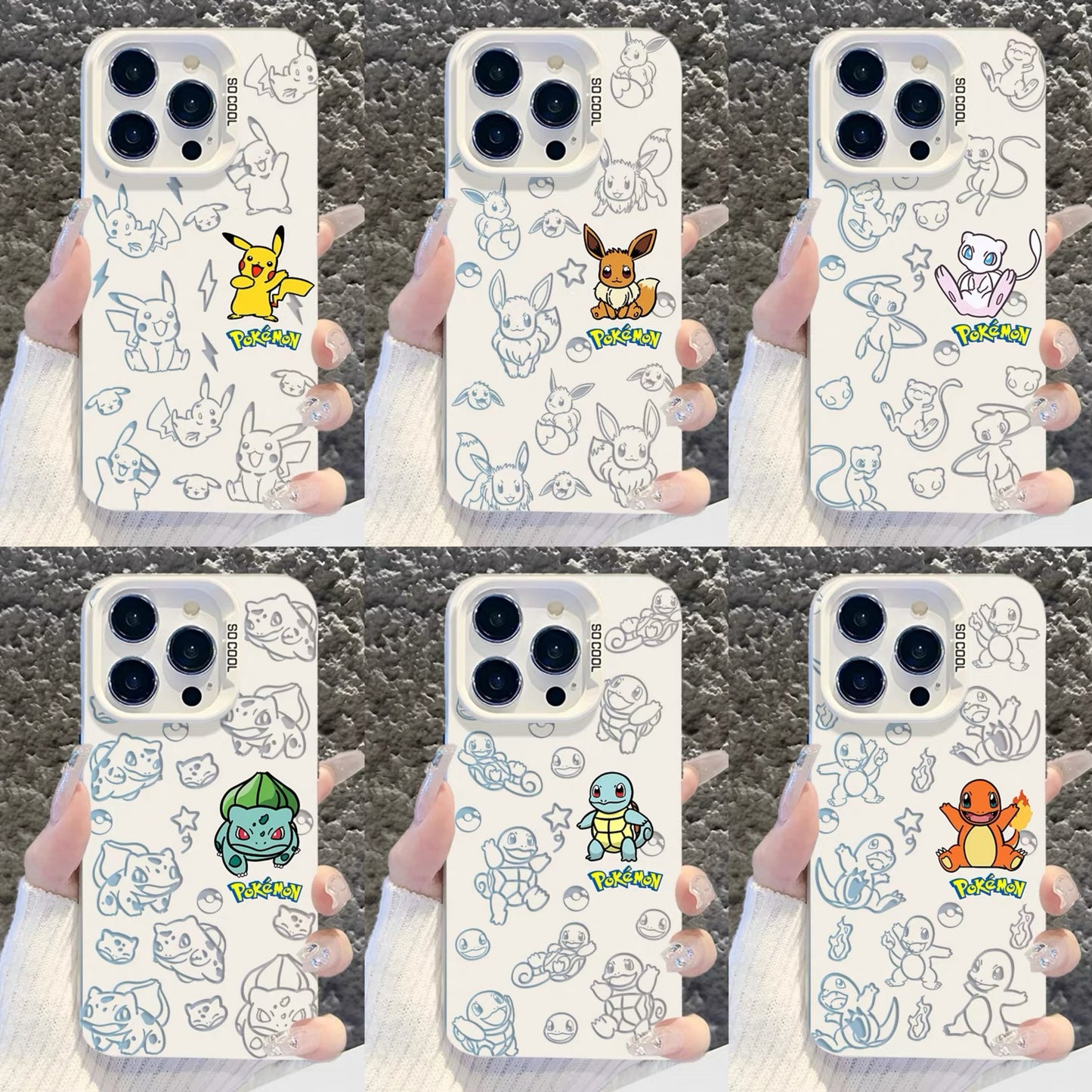 Japanese Cartoon Pokemon Matt & Silver Case Part1 | Pikachu Eevee Mew Bulbasaur Squirtle Charmander 6 Styles - iPhone Case PLUS SE2 XS XR X 11 12 13 14 15 16 16e 17 17e Pro Promax 12mini 13mini