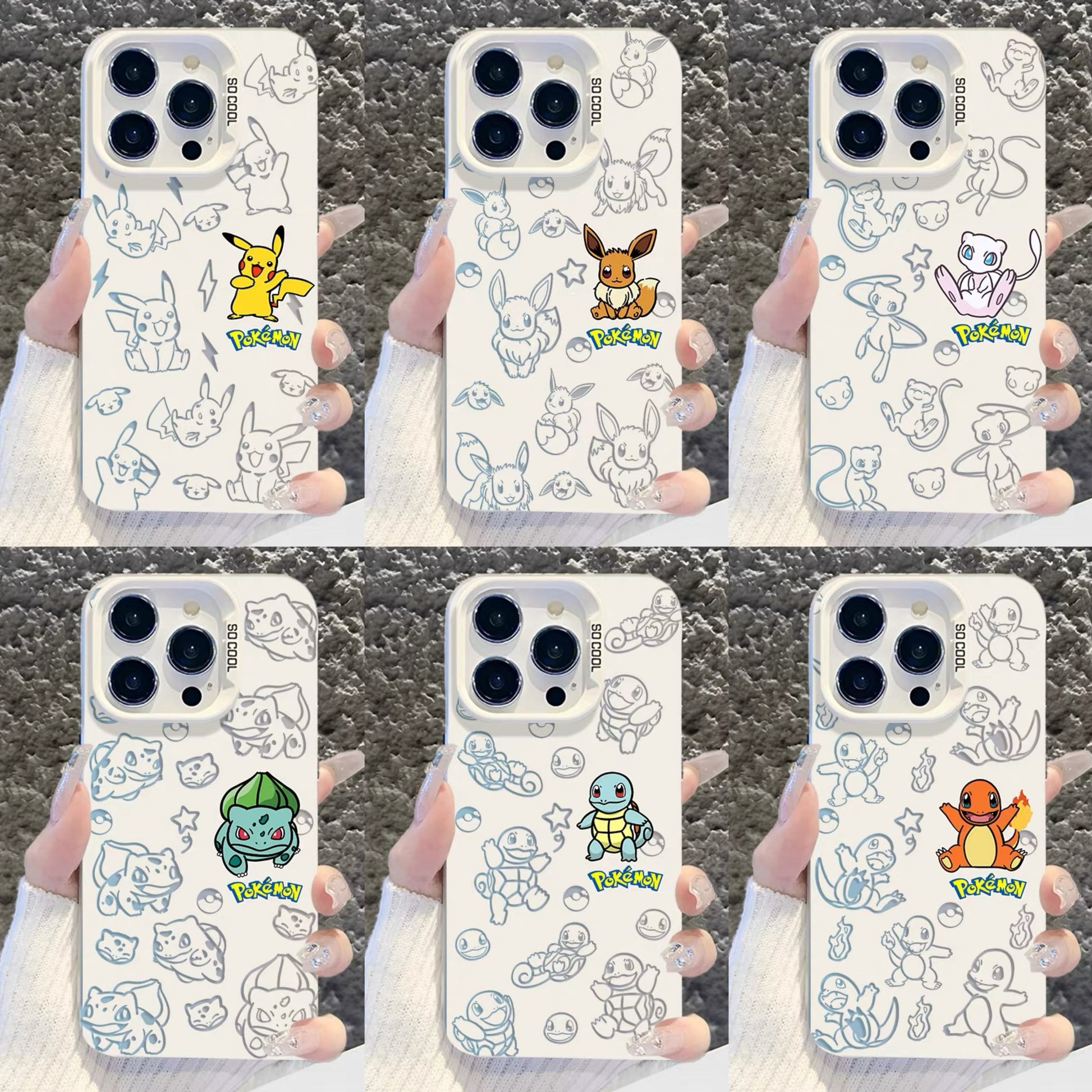 Japanese Cartoon Pokemon Matt & Silver Case Part1 | Pikachu Eevee Mew Bulbasaur Squirtle Charmander 6 Styles - iPhone Case PLUS SE2 XS XR X 11 12 13 14 15 16 16e 17 17e Pro Promax 12mini 13mini