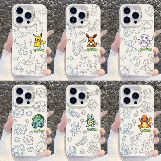 Japanese Cartoon Pokemon Matt & Silver Case Part1 | Pikachu Eevee Mew Bulbasaur Squirtle Charmander 6 Styles - iPhone Case PLUS SE2 XS XR X 11 12 13 14 15 16 16e 17 17e Pro Promax 12mini 13mini