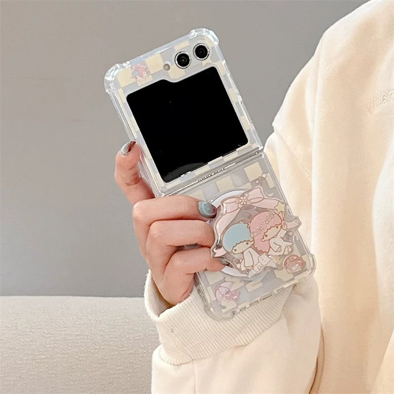 Cute Cartoon Case with Phone Stand | Checkered Yellow LittleTwinStars Blue Cinnamoroll - Phone Case Samsung Galaxy Z Flip 3 4 5 6 W24 W23