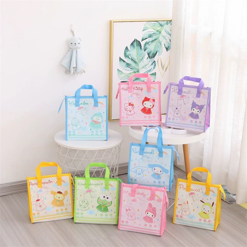 Japanese Cartoon Rainy Day Lunch Handbag | Hello Kitty My Melody Kuromi Cinnamoroll Pompompurin Pochacco Keroppi Hangyodon - Small Tote Bag Can Keep Warm Picnic