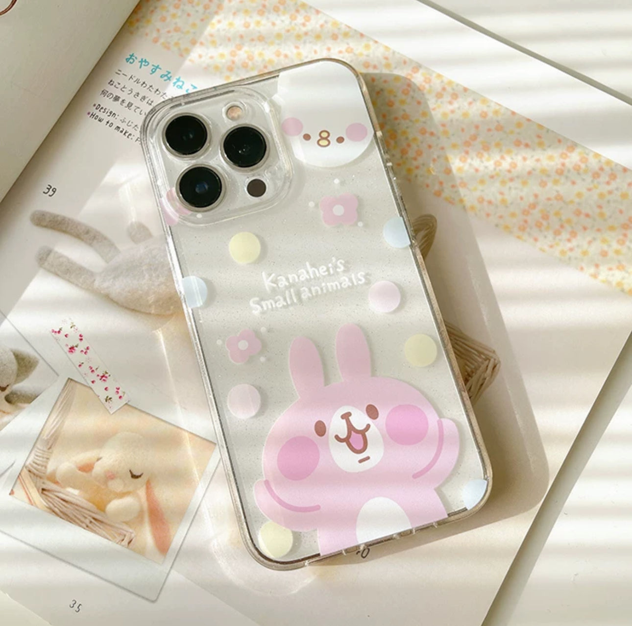 Japanese Cartoon Kanahei |  Dots & Flowers Pink Rabbit and White Chicken - iPhone Case 12 13 14 15 Pro Promax