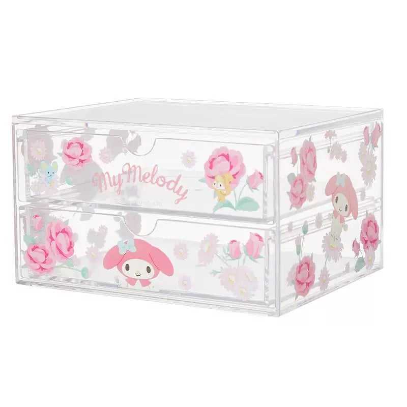 Sanrio X Miniso | Hello Kitty My Melody Kuromi Cinnamoroll Pochacco Flower Garden 2 Layers Storage Drawer - Kawaii Desk Helper items Room Decoration