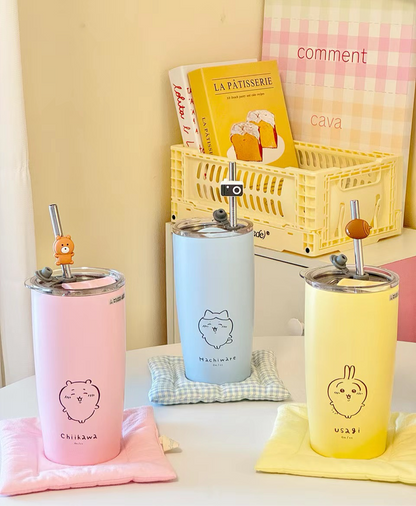 ChiiKawa X Miniso | ChiiKawa Hachiware Usagi Metal Water Cup With Straw - Kawaii Item Decoration