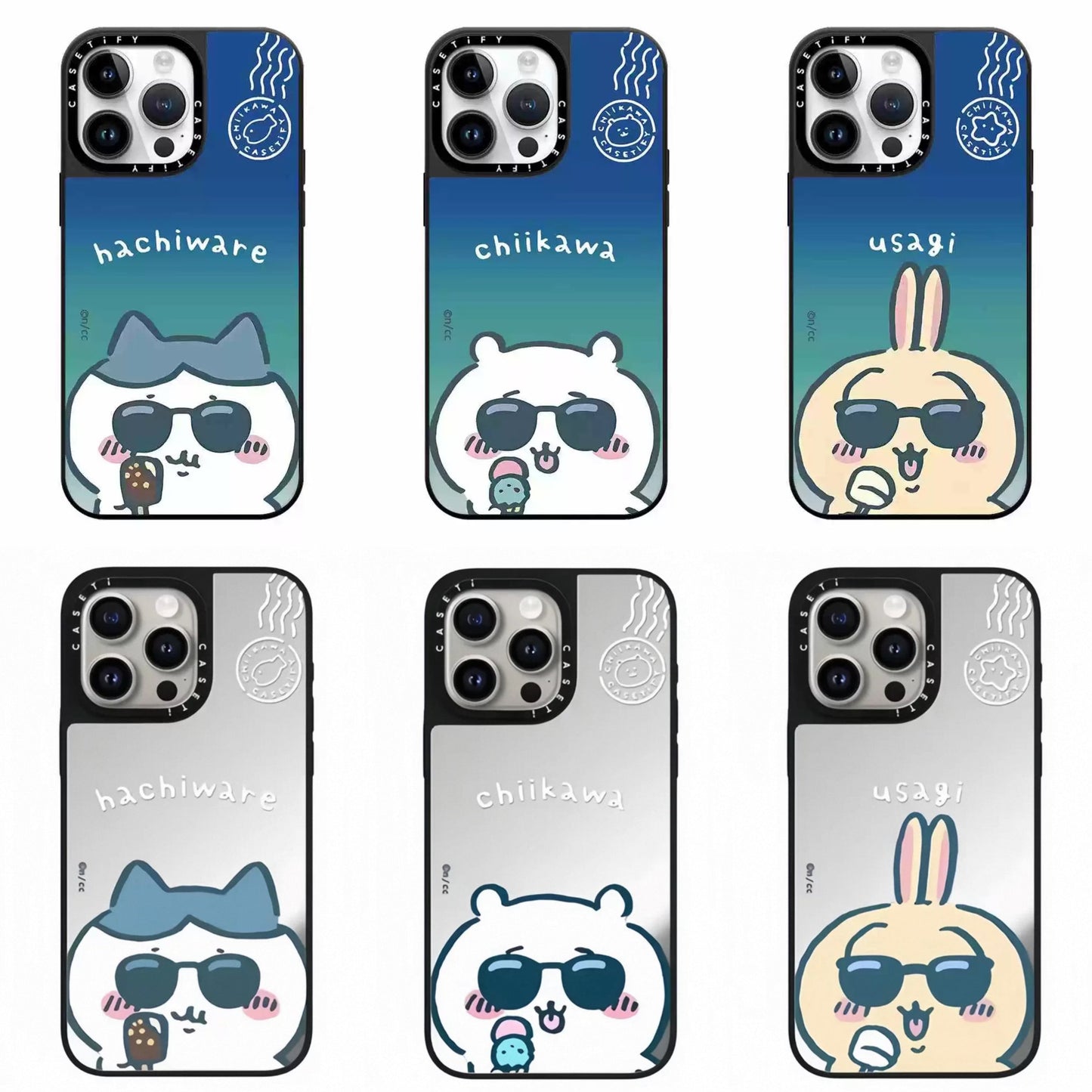 Japanese Cartoon ChiiKawa Mirror Phone Case | Silver & Blue ChiiKawa Hachiware Usagi Wear Sunglass and Eating Ice Cream - iPhone Case 12 13 14 15 16 17 Pro Promax