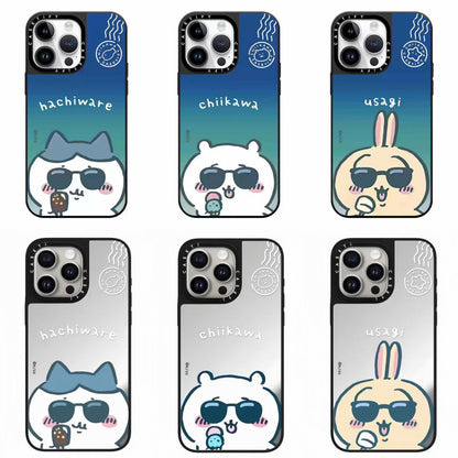 Japanese Cartoon ChiiKawa Mirror Phone Case | Silver & Blue ChiiKawa Hachiware Usagi Wear Sunglass and Eating Ice Cream - iPhone Case 12 13 14 15 16 17 Pro Promax