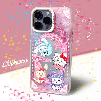 Japanese Cartoon ChiiKawa | Chiikawa Kitty Hachiware Kuromi Usagi Melody Momonga Cinnamoroll with Ribbon Silver - iPhone Case 11 12 13 14 15 16 Pro Promax