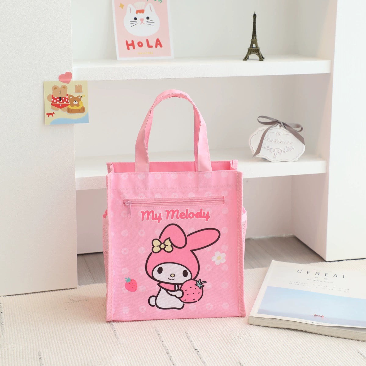 Japanese Cartoon with Foodie Lunch Handbag | Hello Kitty My Melody Kuromi Little Twin Stars Cinnamoroll Pompompurin Pochacco Tuxedosam - Small Tote Bag Picnic