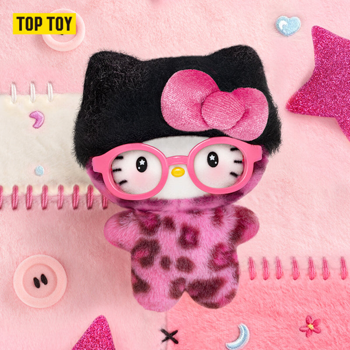 Secret edition Hello Kitty Leopard Series plush charm with pink glasses