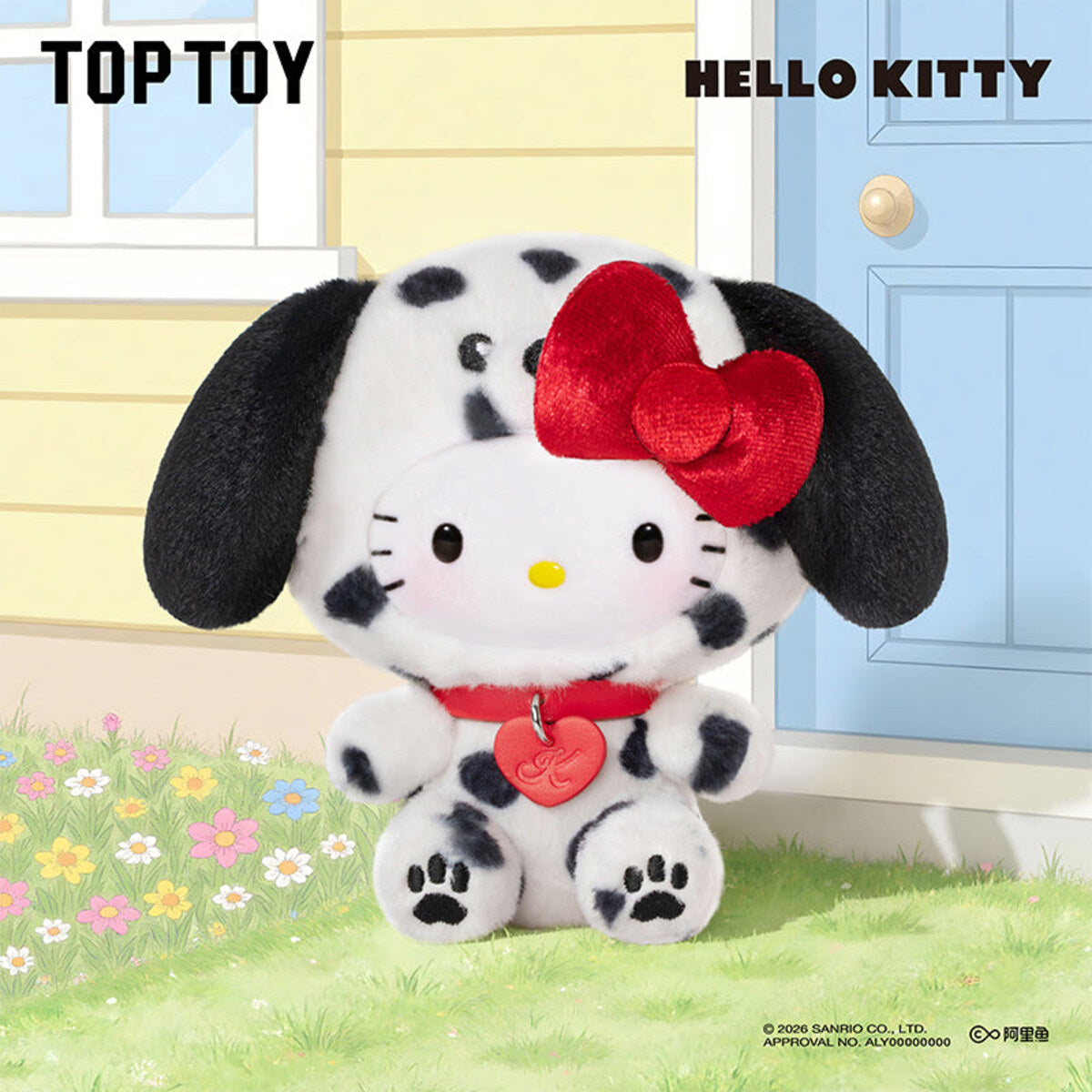 Hello Kitty Puppy Party Series plush pendant in Dalmatian costume with red bow