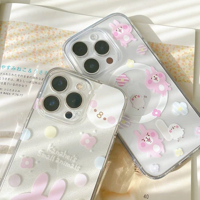 Japanese Cartoon Kanahei |  Dots & Flowers Pink Rabbit and White Chicken - iPhone Case 13 14 15 Pro Promax