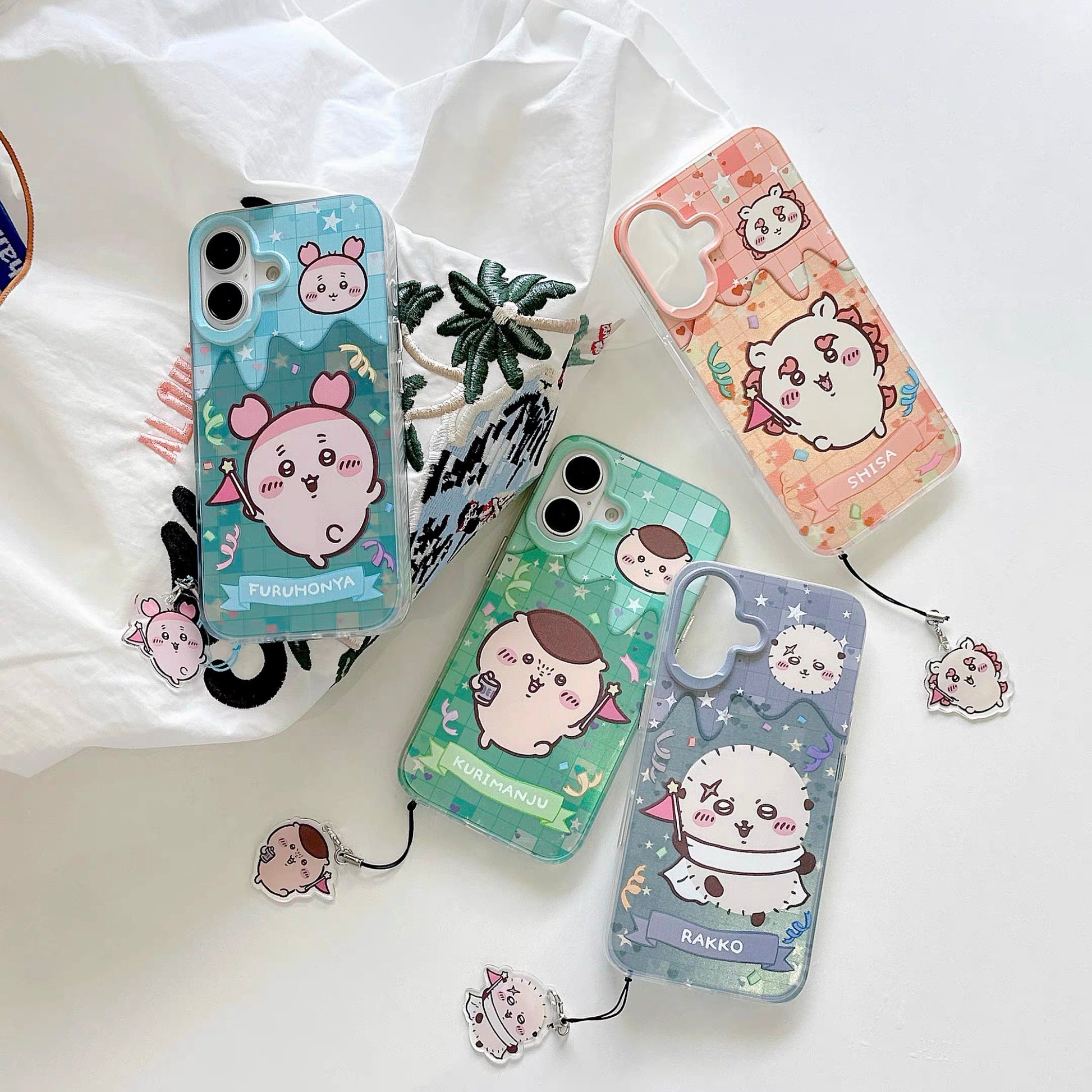 Japanese Cartoon ChiiKawa iPhone Laser Case with Strap | Happy Party Rakko Kurimanju Shisa Furuhonya - iPhone Case PLUS SE2 11 12 13 14 15 16 16e 17 17e Pro Promax 12mini 13mini