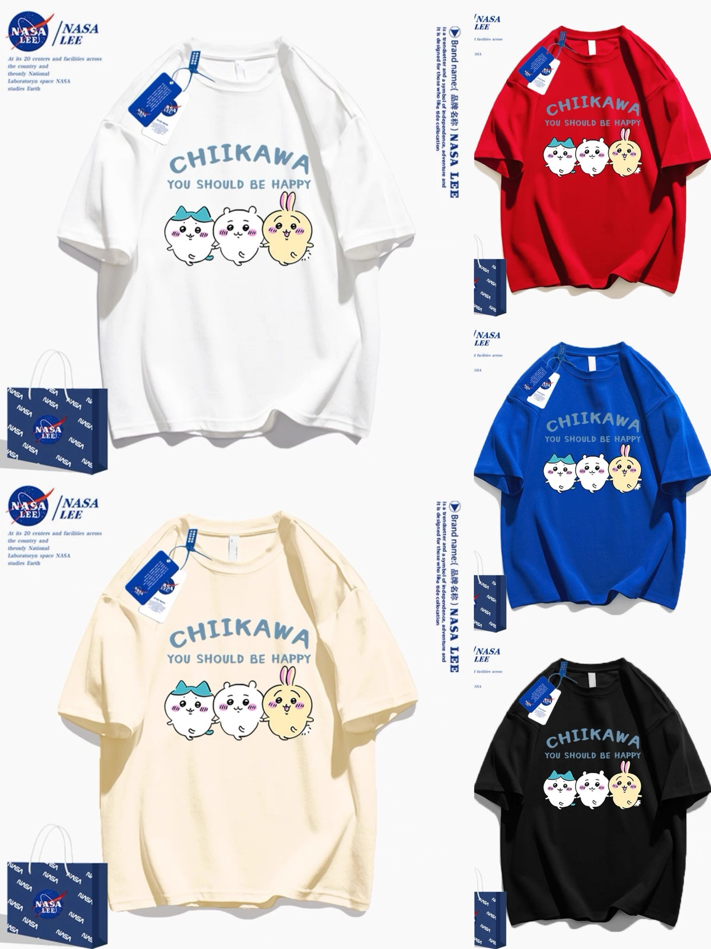 Japanese Cartoon ChiiKawa Casual Style T-Shirt Series | Chiikawa Hachiware Usagi You Should Be Happy - Kawaii Fashion Items