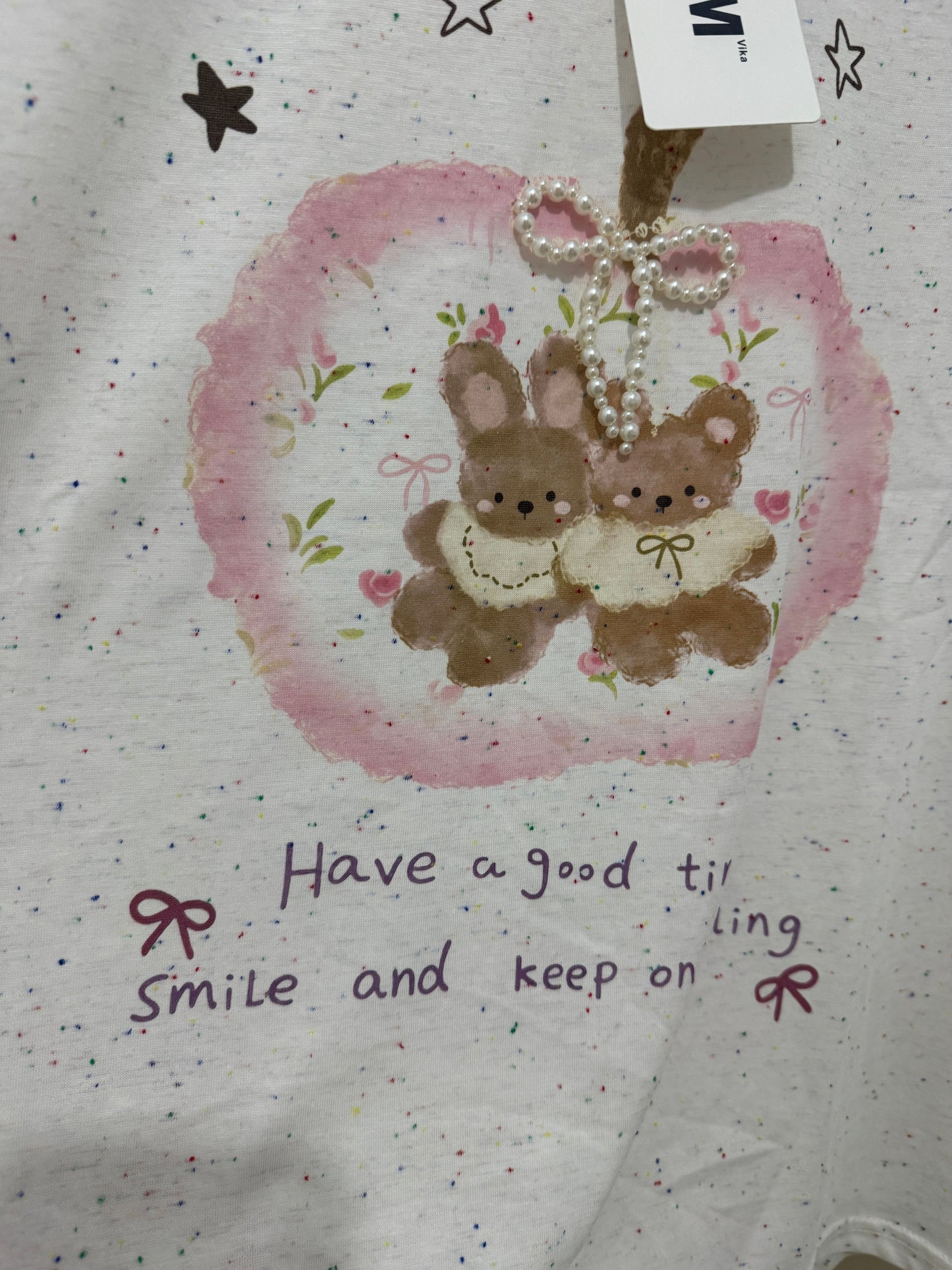Korean Fashion Cute Animals Style T-Shirt Series | Pearl Ribbon Apple with Teddy Bear & Rabbit - Kawaii Fashion Items