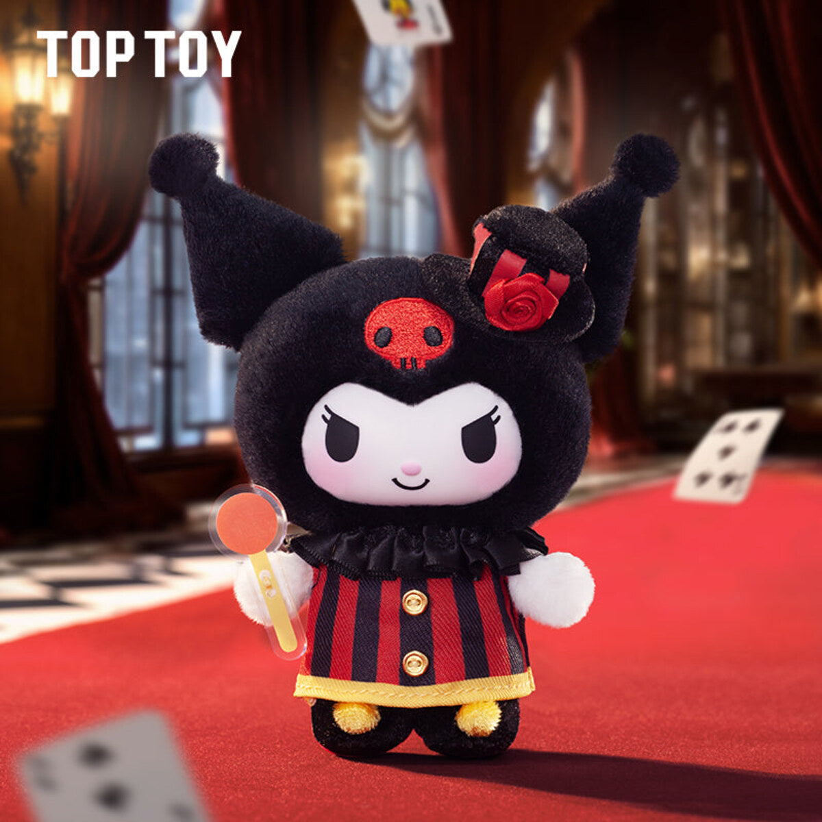 Kuromi Poker Kingdom JACK plush pendant in a black jester hood with a red rose and black-and-red striped court robe