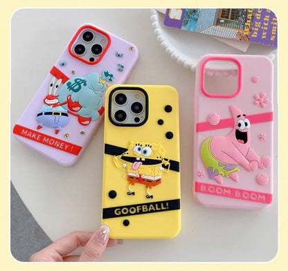Cartoon Silicone Sponge Patrick Star Crab Boss Pink Yellow Sea Monster - iPhone Case 15 14 13 Pro ProMax
