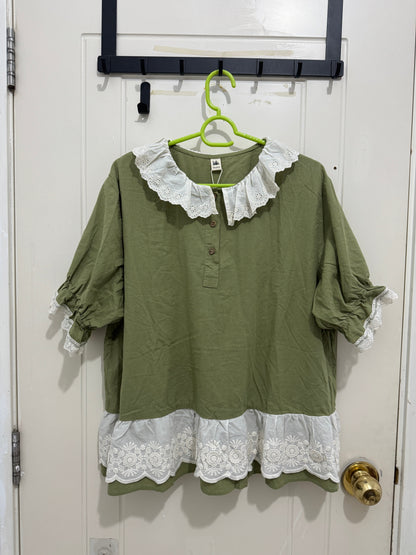 Japanese Fashion Cute Style Mori Series | Green with White Lace Shirt - Kawaii Fashion Items