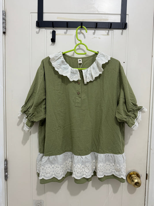 Japanese Fashion Cute Style Mori Series | Green with White Lace Shirt - Kawaii Fashion Items