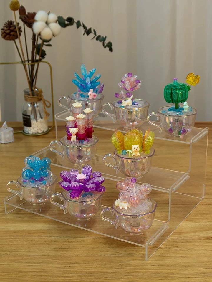 Mini Block Building Block Crystal Succulent Plants with Animals Cactus - Tiny Particle Assembly DIY Handmade Gift with Led Light