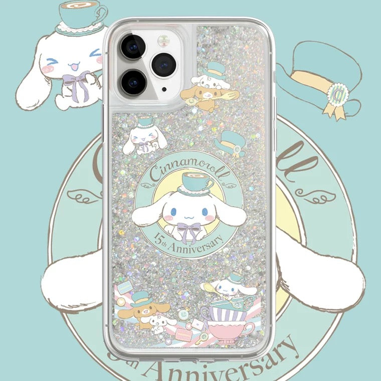 Japanese Cartoon Cinnamoroll Alice Tea Party - Silver Pink Heart Glitter QuickSand iPhone Case 6 7 8 PLUS SE2 XS XR X 11 12 13 14 15 Pro Promax 12mini 13mini