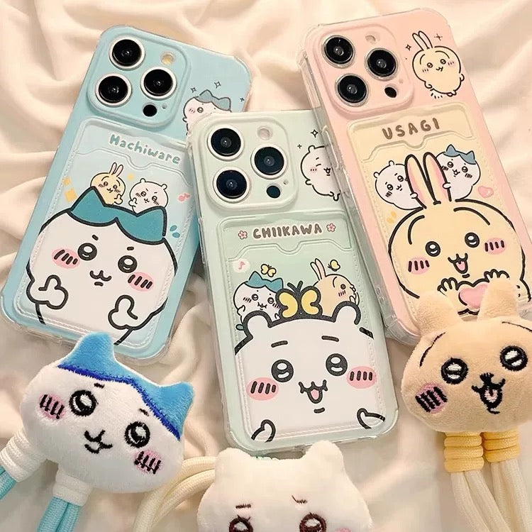 Japanese Cartoon Chiikawa | ChiiKawa Hachiware Usagi Happy Good with Card Holder & Handle Strap - iPhone Case 11 12 13 14 15 16 17 Pro Promax