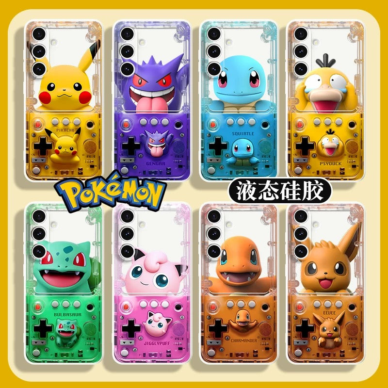 Japan Cartoon Pokemon Fun 3D Print Game Console Version Colour Silicone Case | Pikachu Bulbasaur Squirtle Charmander Psyduck Jigglypuff Eevee Gengar - Phone Case Samsung Galaxy S26 S25 S24 S23 S22 S21 FE Ultra Edge