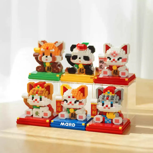 Mini Block Building Block Lucky Good Fortune with Cover | Cat Panda Red Panda - 3D Puzzle Micro Tiny Particle Assembly DIY Handmade Children Gift