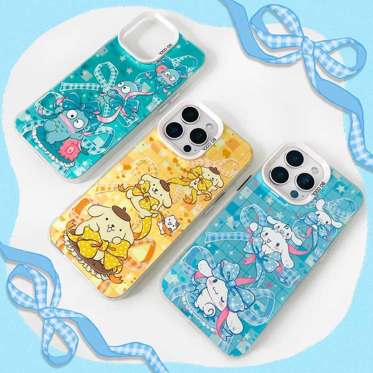 Japanese Cartoon Sanrio Colourful Ribbon Laser Case | Hello Kitty My Melody Kuromi Cinnamoroll Pompompurin Hangyodon 6 Styles - iPhone Case 11 12 13 14 15 16 16e 17 17e 18 Pro Promax