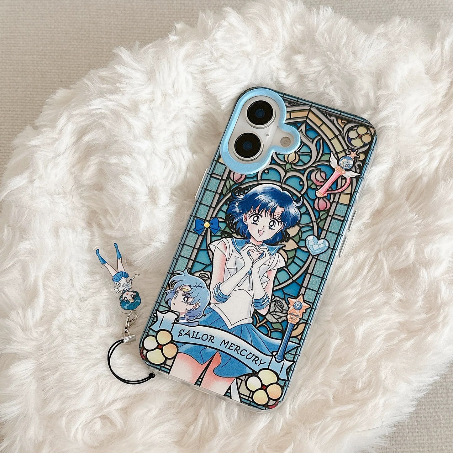 Japanese Cartoon Sailor Moon Phone Case with Strap Comic Version | Laser Glass Window Sailor Moon Mercury Mars Jupiter Venus - Phone Case Samsung Galaxy S26 S25 S24 S23 S22 S21 FE Ultra Edge